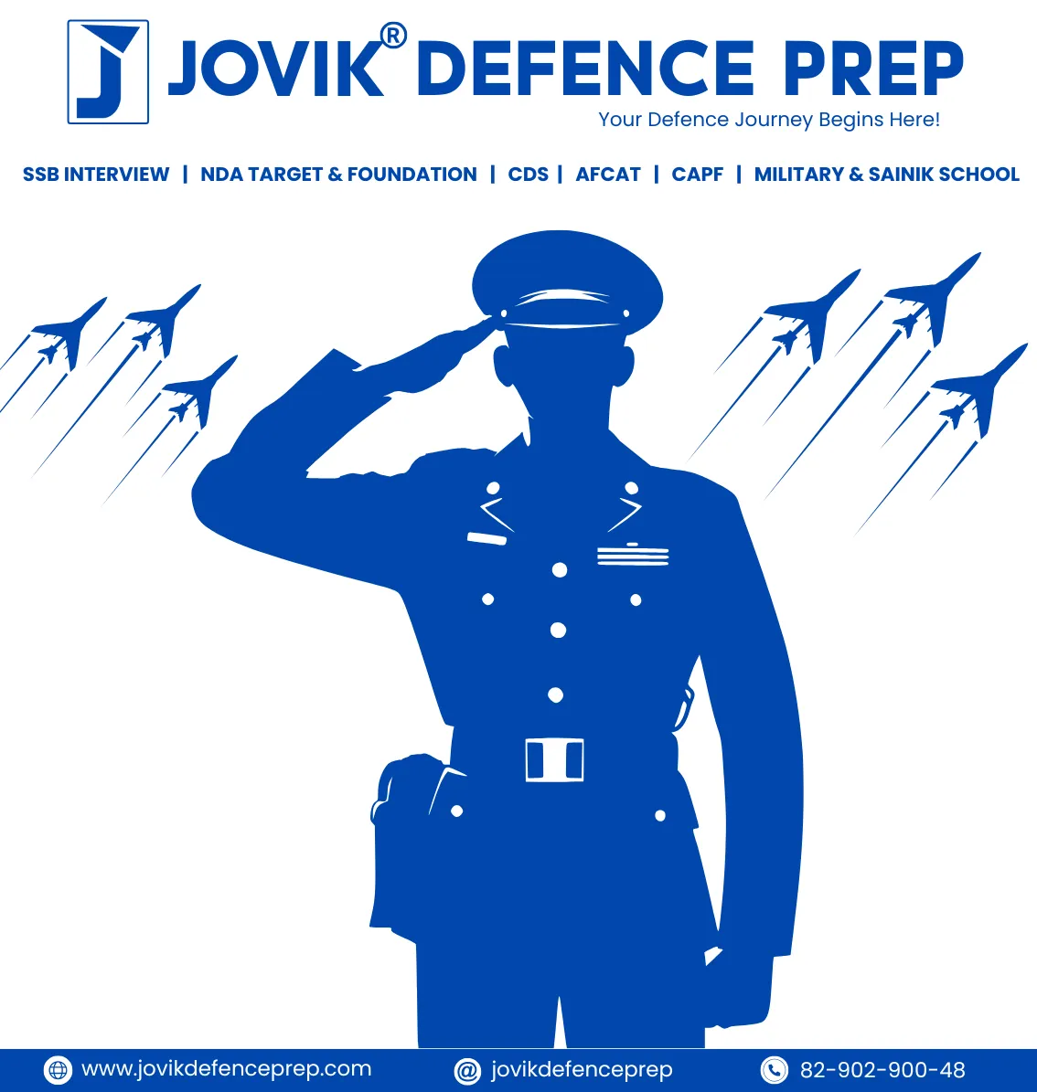 Best NDA Coaching in India – JOVIK Defence Prep banner with saluting officer and jets representing NDA, CDS, SSB, AFCAT guidance