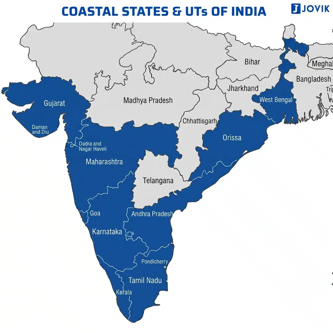 Map showing the coastal states of India along the Arabian Sea and Bay of Bengal