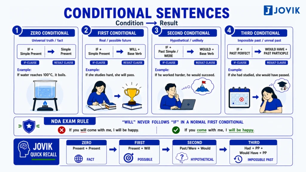Four types of conditional sentences showing their structures, meanings and examples.