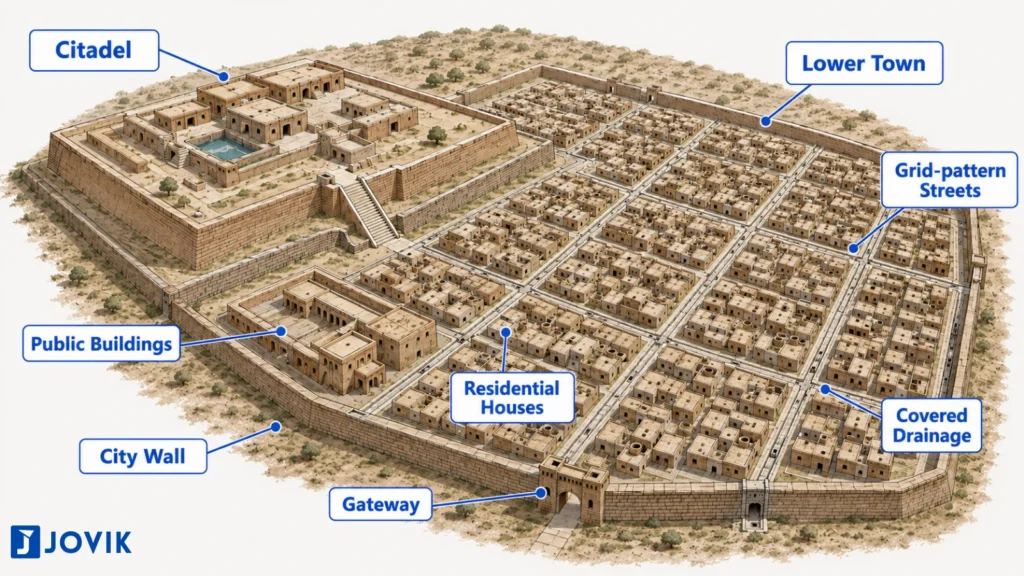 Reconstruction of a Harappan city showing the citadel, lower town, grid-pattern streets, residential houses and covered drainage