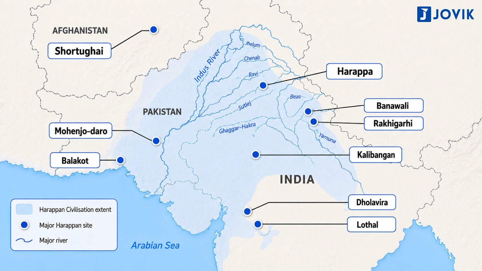 Map showing the extent of the Harappan Civilisation and major archaeological sites including Harappa, Mohenjo-daro, Kalibangan, Dholavira and Lothal