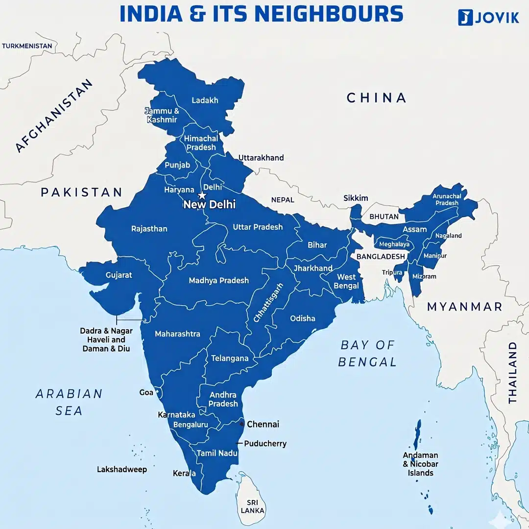Map of India showing neighbouring countries for NDA Geography