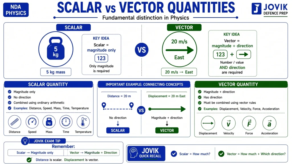 Scalar vs vector quantities showing magnitude only for scalars and magnitude plus direction for vectors
