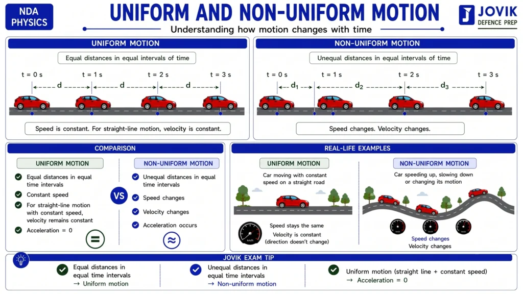 Uniform vs non-uniform motion showing equal distances and unequal distances covered in equal time intervals