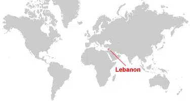 A world map highlighting Lebanon, the first Middle Eastern country to abolish the death penalty.
