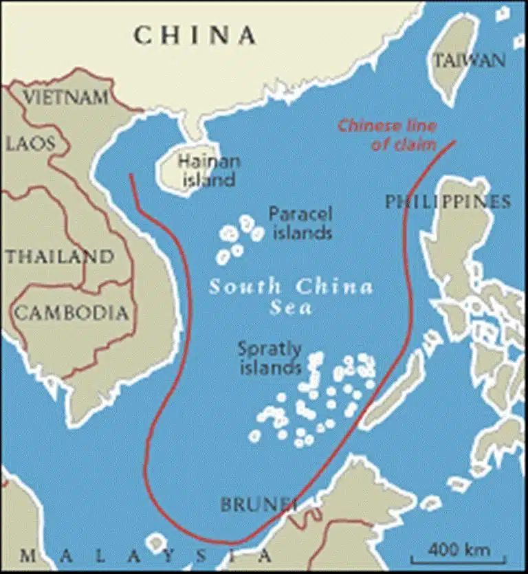 A map of the South China Sea, showing the Paracel and Spratly Islands.