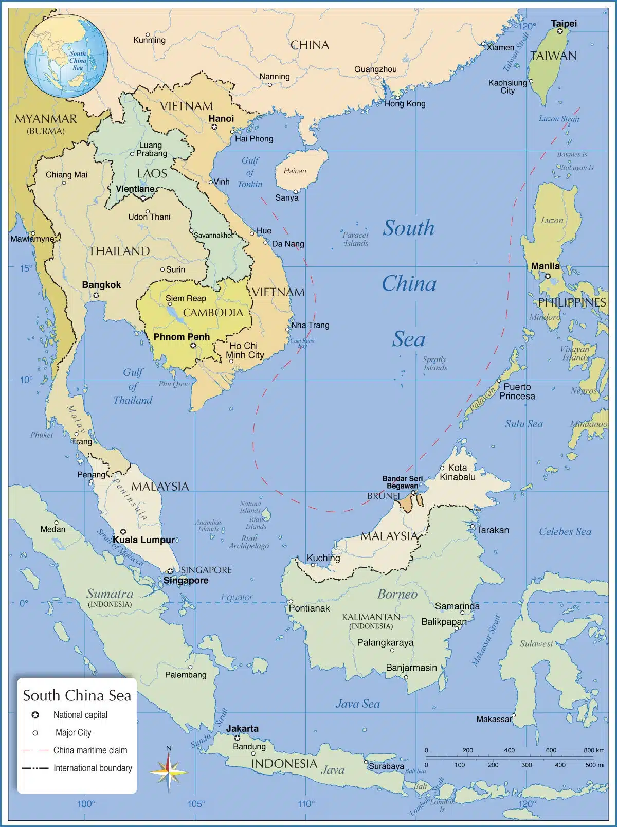 A map illustrating freedom of navigation and overflight in the South China Sea.