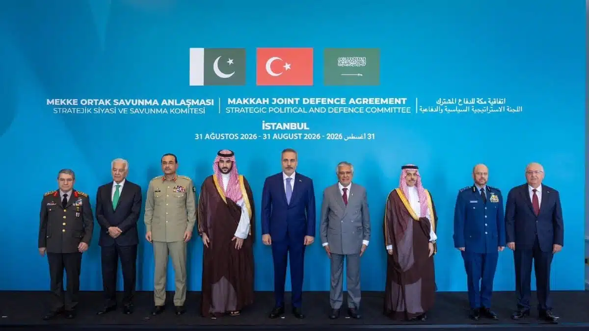 Representatives of Saudi Arabia, Türkiye and Pakistan at the Makkah Joint Defence Agreement signing.