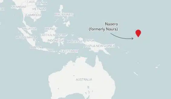 A world map highlighting Nauru, officially renamed the Republic of Naoero.