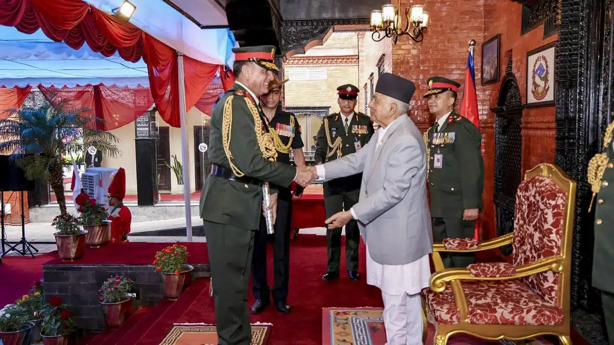 General Dhiraj Seth, Chief of the Army Staff, receiving an honorary rank from Nepal.